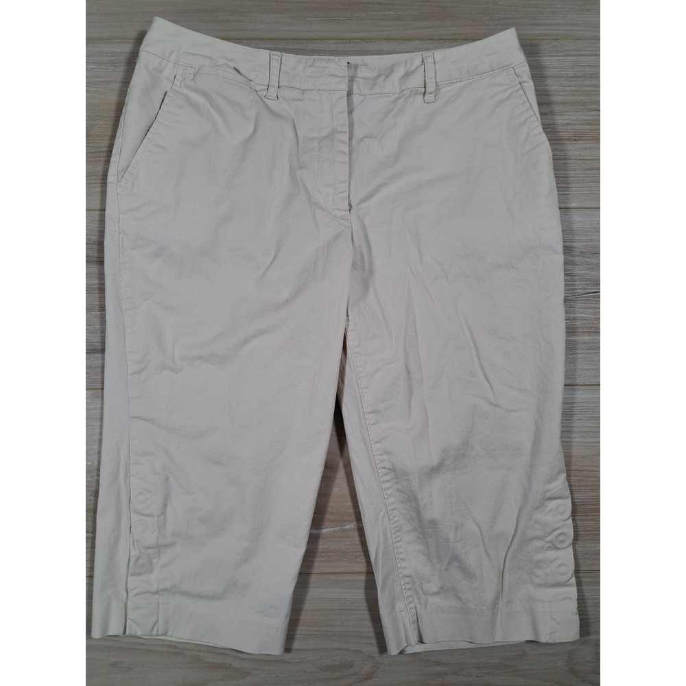 St. Johns‎ Bay Womens 10P Petite Beige Khaki Capri Pants Stretch Button Hem Crop